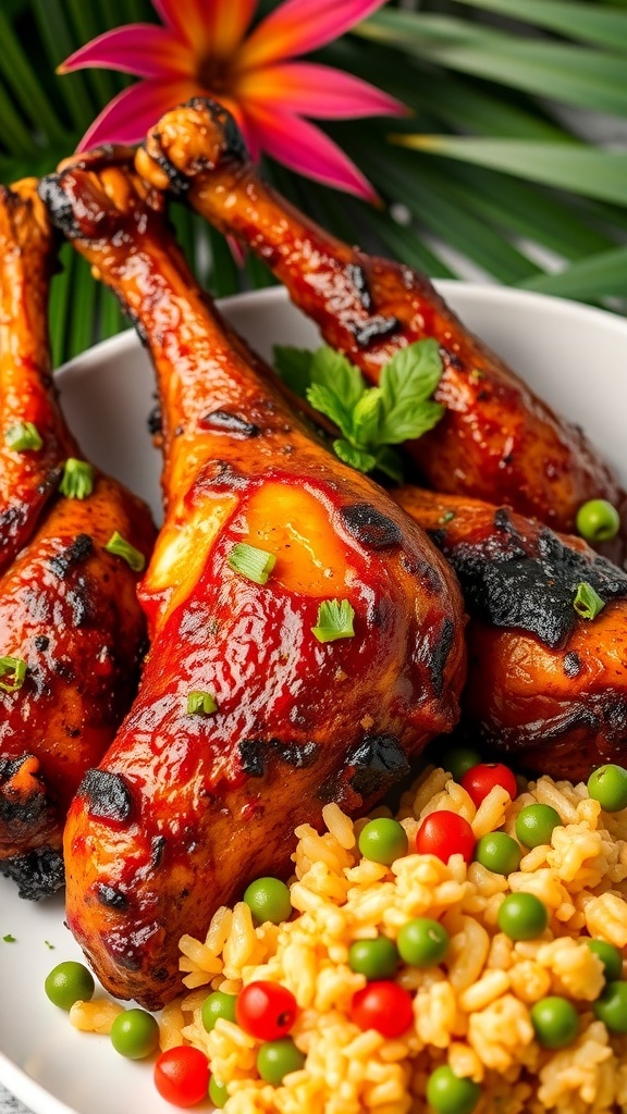 Grilled Jamaican jerk chicken drumsticks served with rice and peas, garnished with herbs.